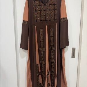 Chic Long Sleeve Embroidered Dress in Brown and Tan